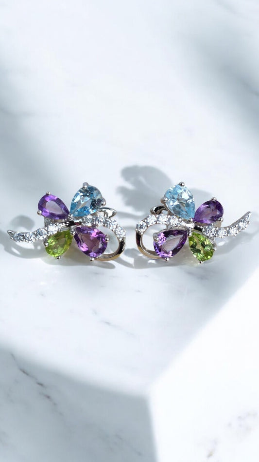 ATHENA – NATURAL AMETHYST PERIDOT AND SKY BLUE TOPAZ GEMSTONER EARRING IN 925 STERLING SILVER