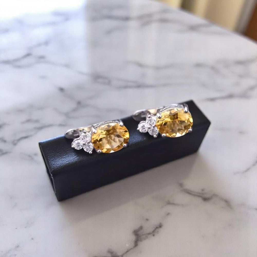 Empress - Natural  Citrine Earrings  925 Sterling Silver  Plated in Rhodium