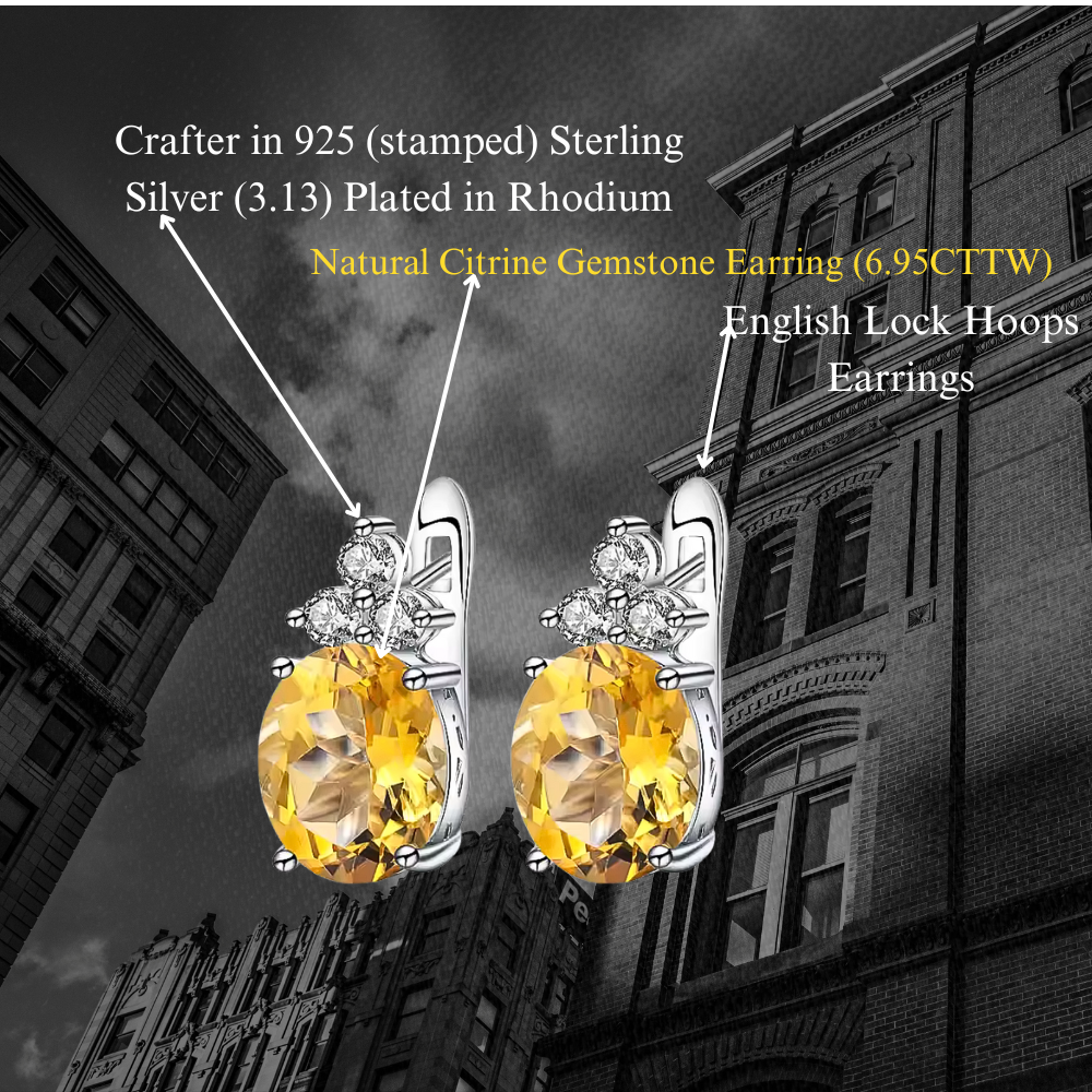 Empress - Natural  Citrine Earrings  925 Sterling Silver  Plated in Rhodium