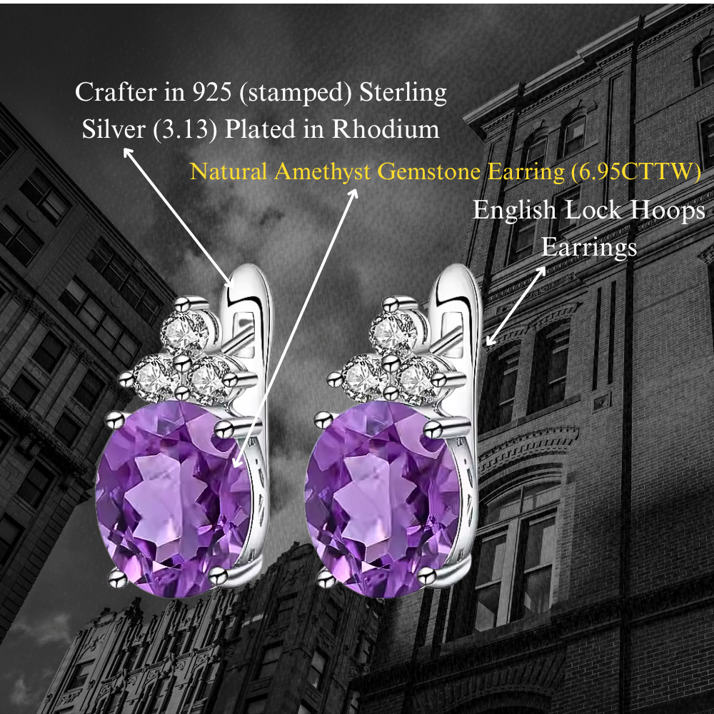 Empress - Natural  Amethyst Earrings  925 Sterling Silver  Plated in Rhodium