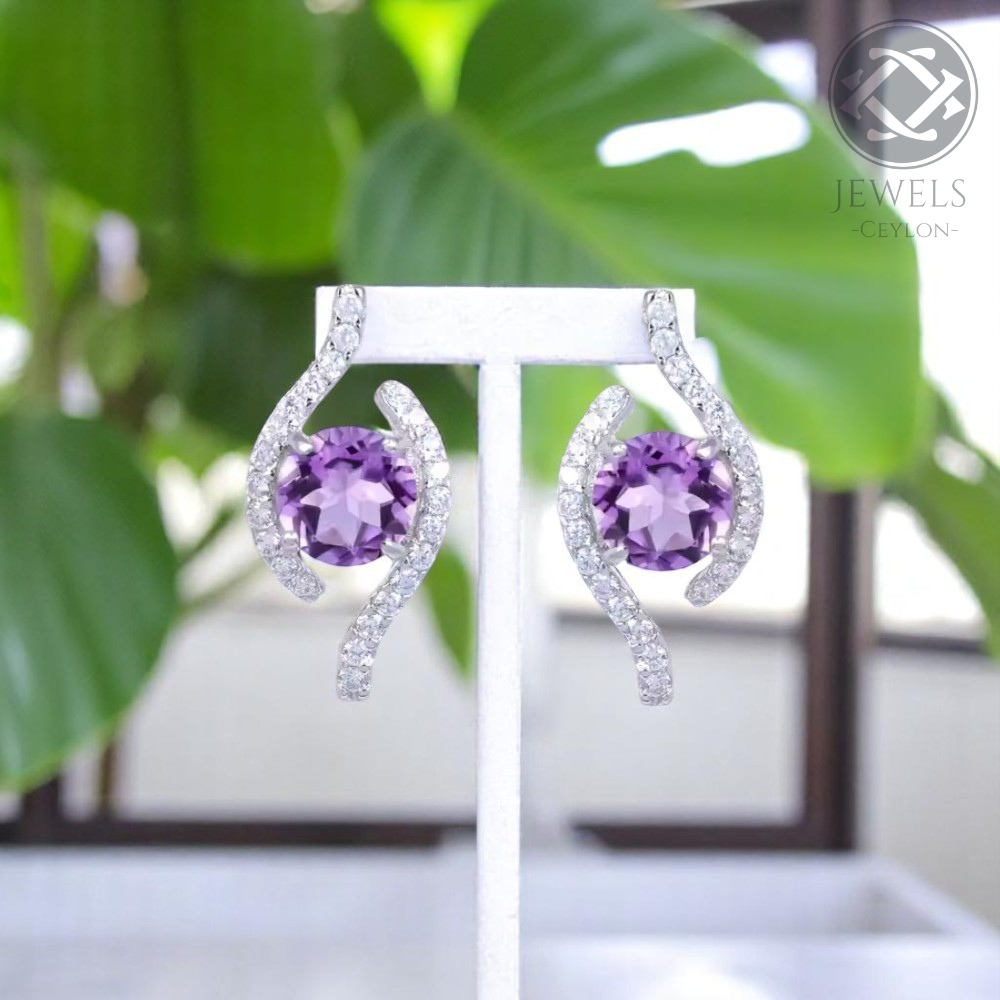 Higher - Natural Amethyst Earrings  925 Sterling Silver Plated in Rhodium