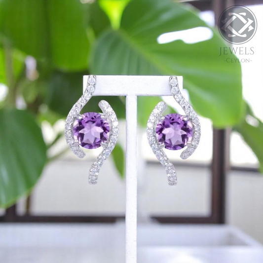 Higher - Natural Amethyst Earrings  925 Sterling Silver Plated in Rhodium