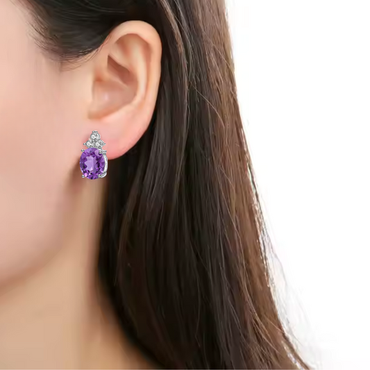Empress - Natural  Amethyst Earrings  925 Sterling Silver  Plated in Rhodium