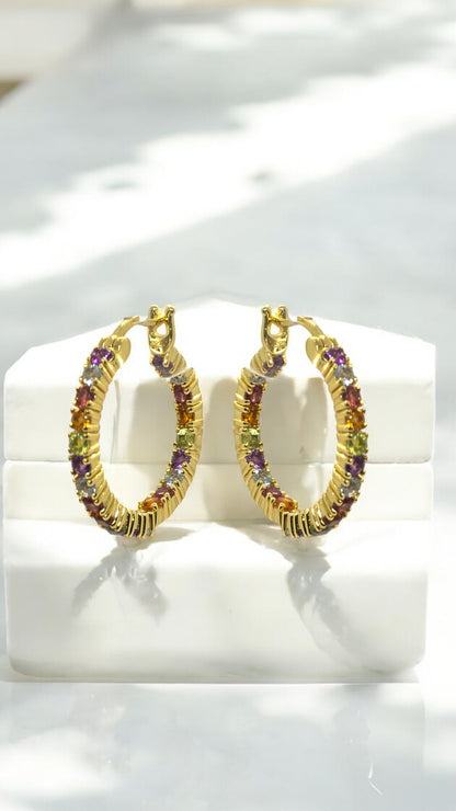 BRAVE - AMETHYST, SKY BLUE TOPAZ, GARNET, CITRINE, PERIDOT GEMSTONE HOOP EARRING IN 925 STERLING SILVER