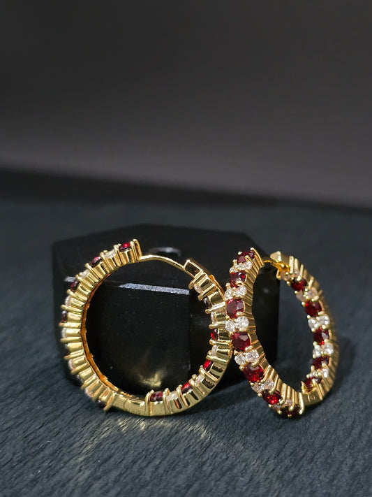 STARSHINE - NATURAL GARNET GEMSTONES WITH CZ HOOP EARRING PLATED IN YELLOW GOLD