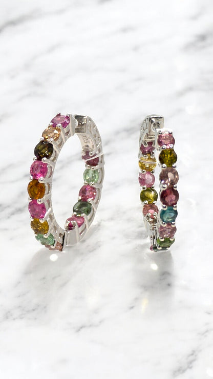 INNERPEACE – MULTICOLOURED TOURMALINE HOOP EARRINGS IN 925 STERLING SILVER