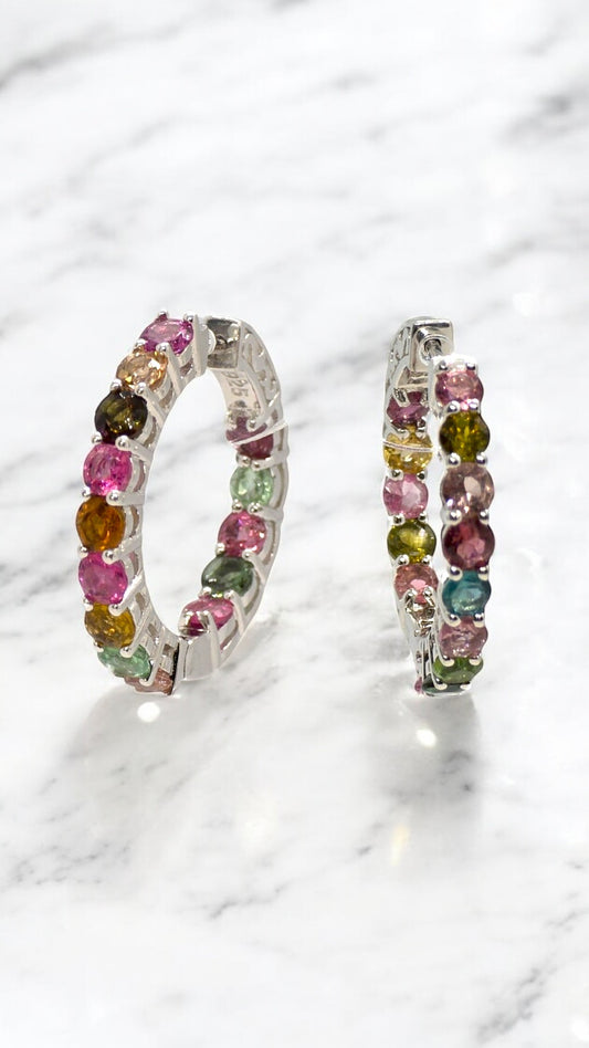 INNERPEACE – MULTICOLOURED TOURMALINE HOOP EARRINGS IN 925 STERLING SILVER