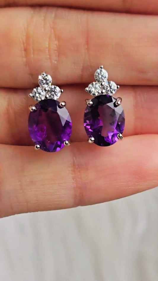 Empress - Natural  Amethyst Earrings  925 Sterling Silver  Plated in Rhodium
