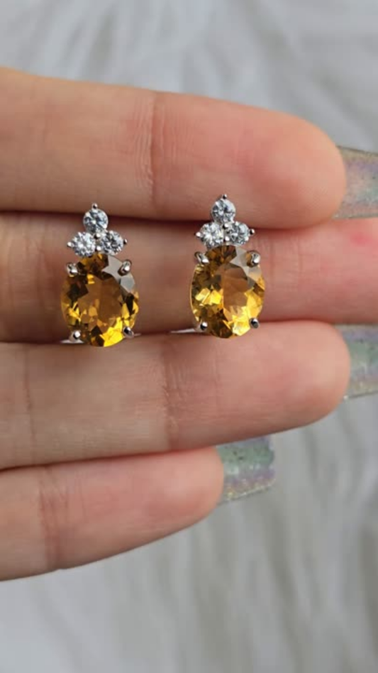 Empress - Natural  Citrine Earrings  925 Sterling Silver  Plated in Rhodium