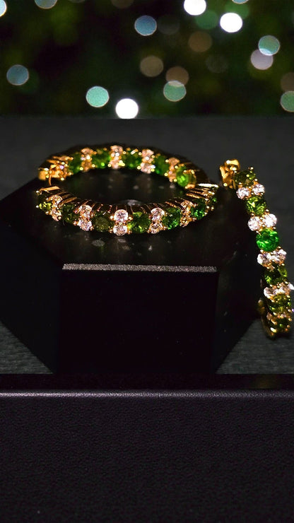 STARSHINE - NATURAL CHROME DIOPSIDE GEMSTONES WITH CZ HOOP EARRING PLATED IN YELLOW GOLD