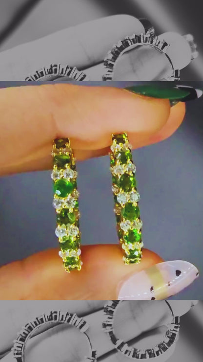 STARSHINE - NATURAL CHROME DIOPSIDE GEMSTONES WITH CZ HOOP EARRING PLATED IN YELLOW GOLD