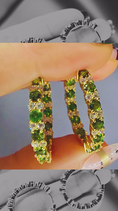 STARSHINE - NATURAL CHROME DIOPSIDE GEMSTONES WITH CZ HOOP EARRING PLATED IN YELLOW GOLD
