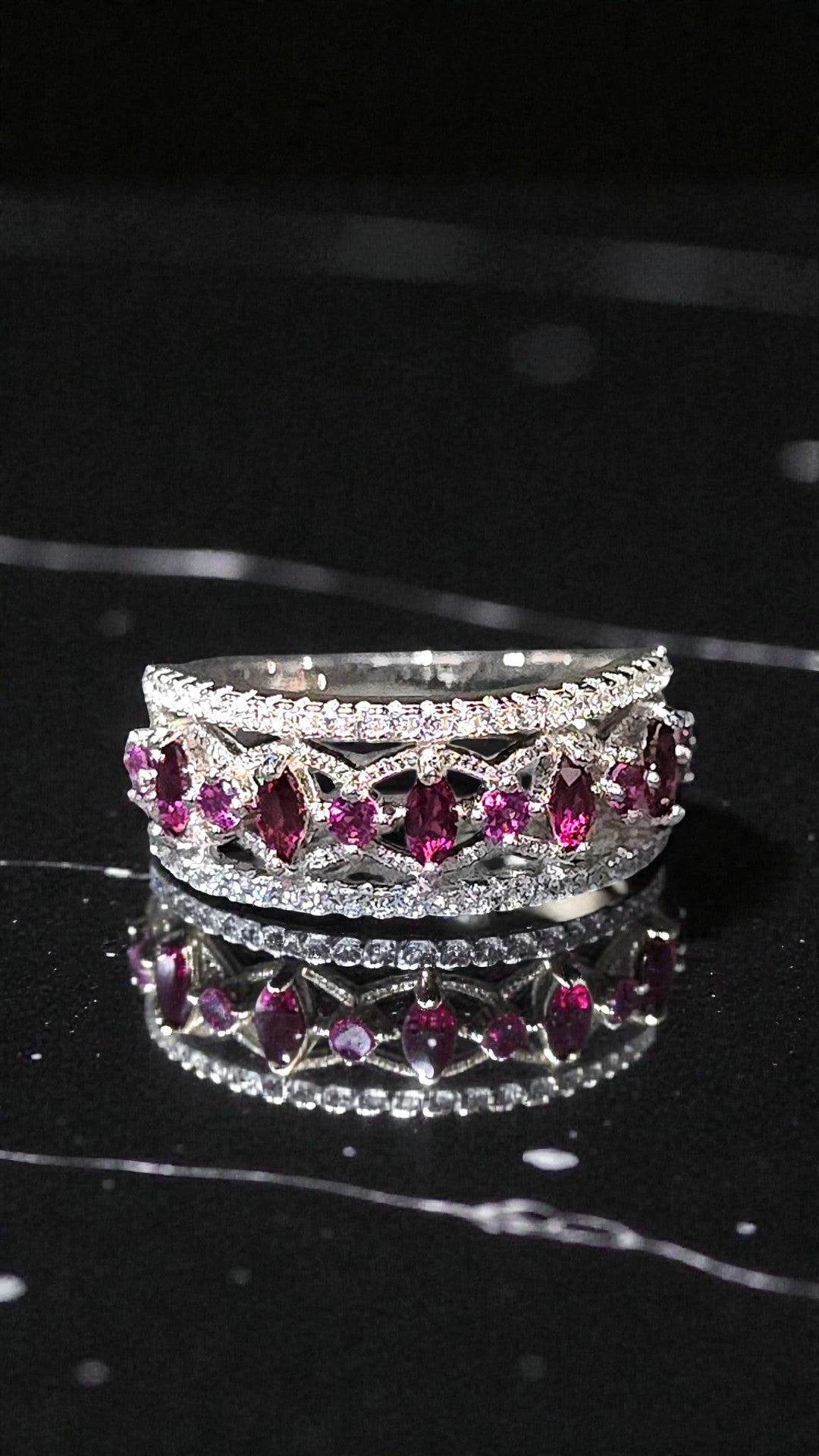 THALIA – RHODALITE GEMSTONE RING PLATED IN RHODIUM WHITE GOLD