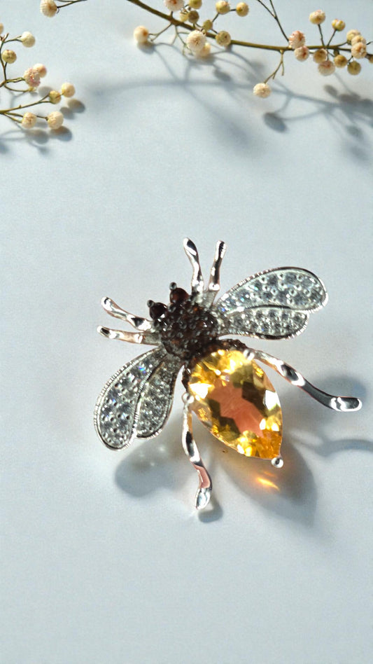 BUSYBEE  Natural Citrine Gemstone Brooch Plated in Rhodium White Gold