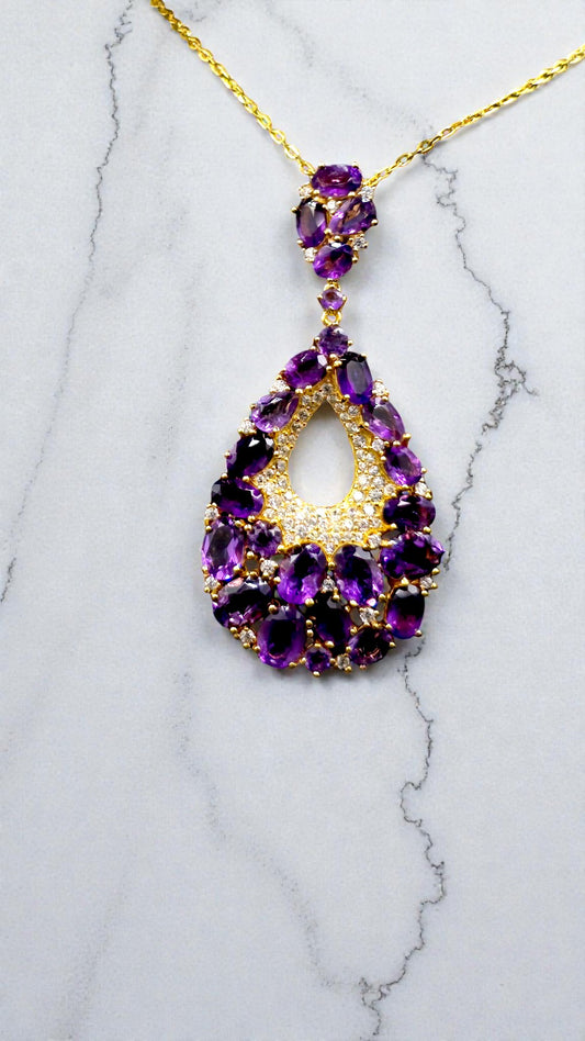 GRANDE – LARGE NATURAL AMETHYST GEMSTONE PENDANT 925 STERLING SILVER PLATED IN YELLOW GOLD